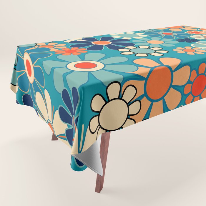 Groovy Retro Garden Flowers 60s 70s Floral Pattern in Blue and Orange Tablecloth Gallery Image 1
