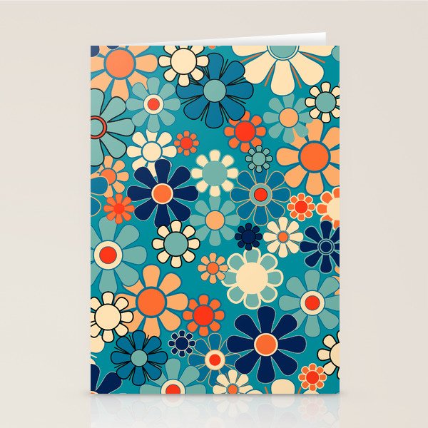 Groovy Retro Garden Flowers 60s 70s Floral Pattern in Blue and Orange Stationery Card Gallery Image 1