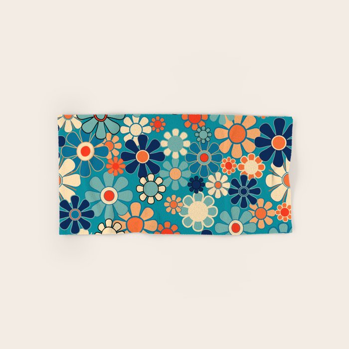 Groovy Retro Garden Flowers 60s 70s Floral Pattern in Blue and Orange Bath Towel Gallery Image 1