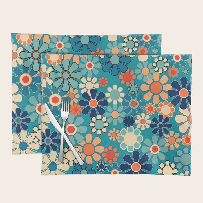 Groovy Retro Garden Flowers 60s 70s Floral Pattern in Blue and Orange Placemat Gallery Image 1