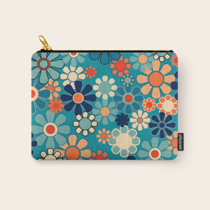 Groovy Retro Garden Flowers 60s 70s Floral Pattern in Blue and Orange Carry All Pouch Gallery Image 1