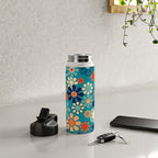 Groovy Retro Garden Flowers 60s 70s Floral Pattern in Blue and Orange Water Bottle Gallery Image 4