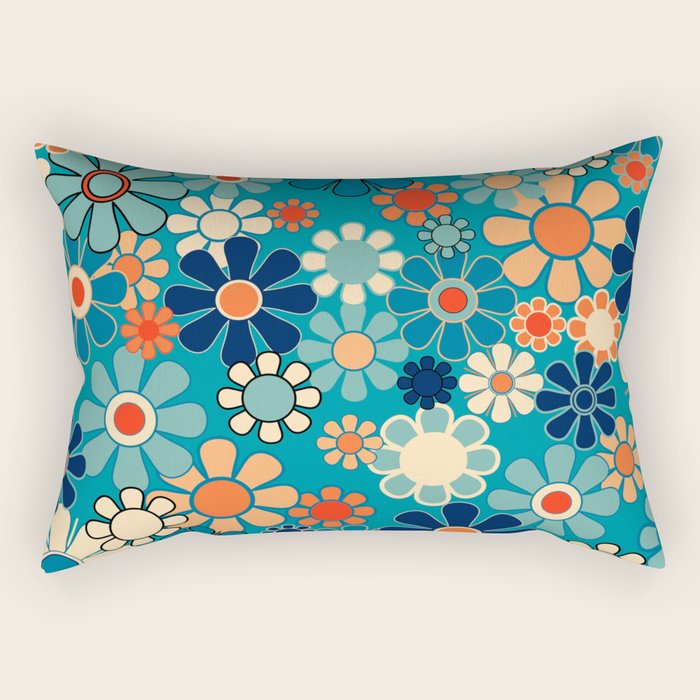 Groovy Retro Garden Flowers 60s 70s Floral Pattern in Blue and Orange Rectangular Pillow Gallery Image 2