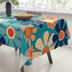 Groovy Retro Garden Flowers 60s 70s Floral Pattern in Blue and Orange Tablecloth Gallery Image 3