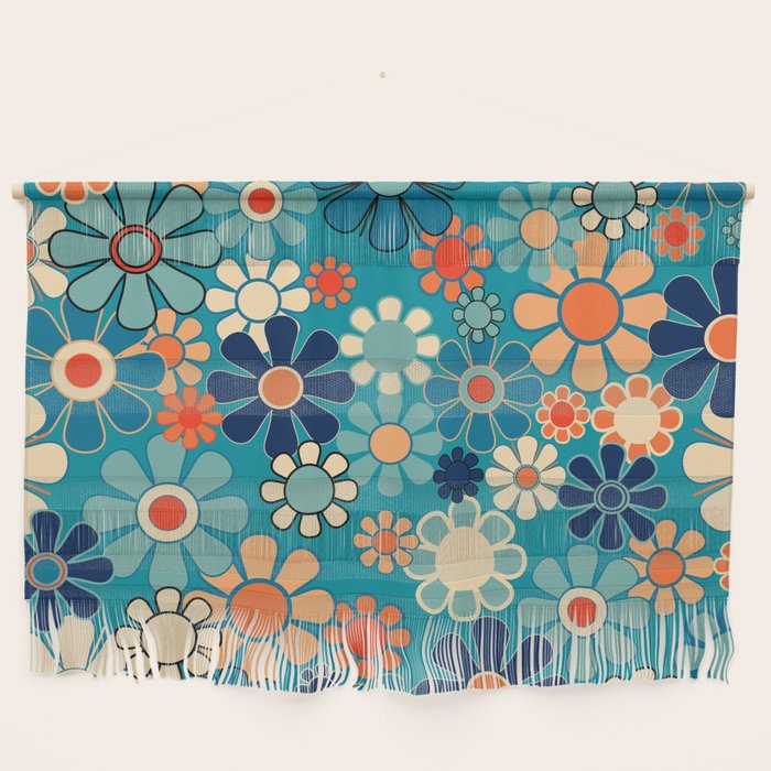 Groovy Retro Garden Flowers 60s 70s Floral Pattern in Blue and Orange Wall Hanging Gallery Image 1