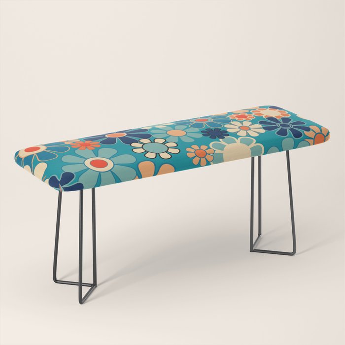Groovy Retro Garden Flowers 60s 70s Floral Pattern in Blue and Orange Bench Gallery Image 1