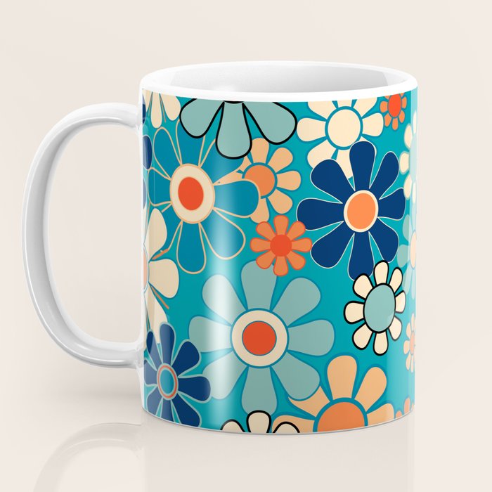 Groovy Retro Garden Flowers 60s 70s Floral Pattern in Blue and Orange Coffee Mug Gallery Image 3