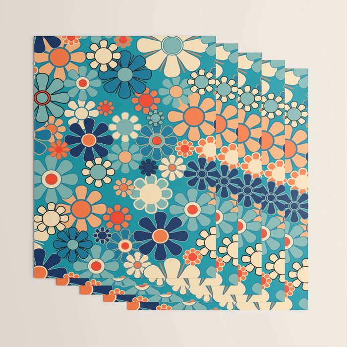 Groovy Retro Garden Flowers 60s 70s Floral Pattern in Blue and Orange Wrapping Paper Gallery Image 3