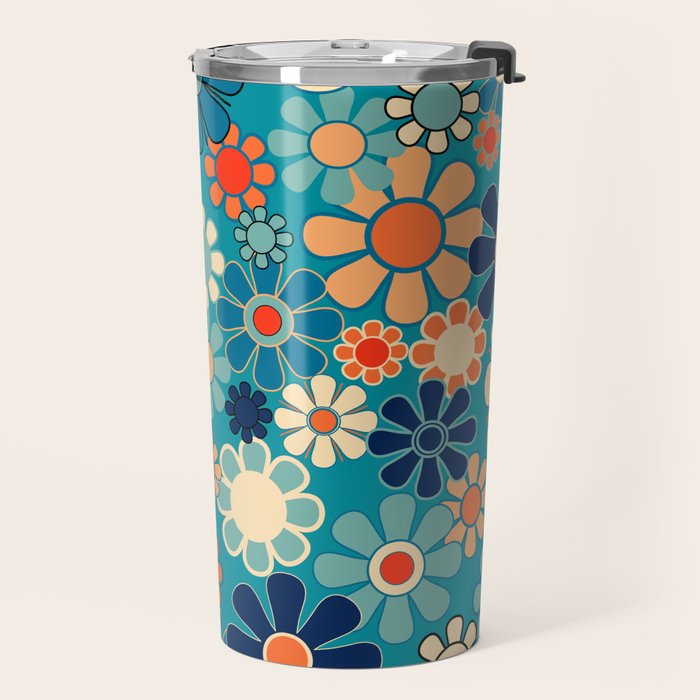 Groovy Retro Garden Flowers 60s 70s Floral Pattern in Blue and Orange Travel Mug Gallery Image 2
