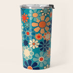 Groovy Retro Garden Flowers 60s 70s Floral Pattern in Blue and Orange Travel Mug Gallery Image 2
