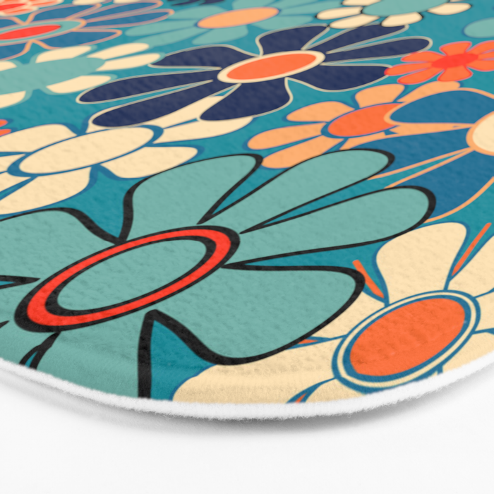 Groovy Retro Garden Flowers 60s 70s Floral Pattern in Blue and Orange Bath Mat Gallery Image 3