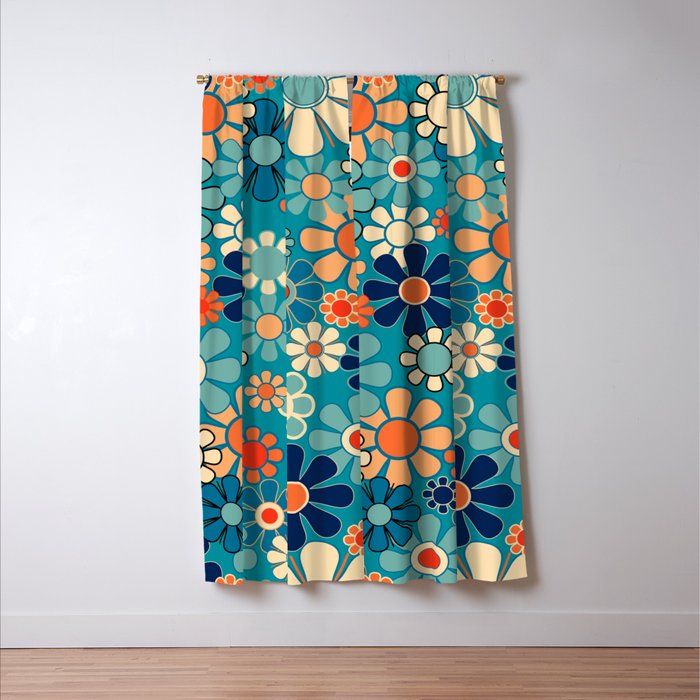 Groovy Retro Garden Flowers 60s 70s Floral Pattern in Blue and Orange Window Curtain Gallery Image 3