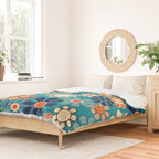 Groovy Retro Garden Flowers 60s 70s Floral Pattern in Blue and Orange Duvet Cover Gallery Image 2