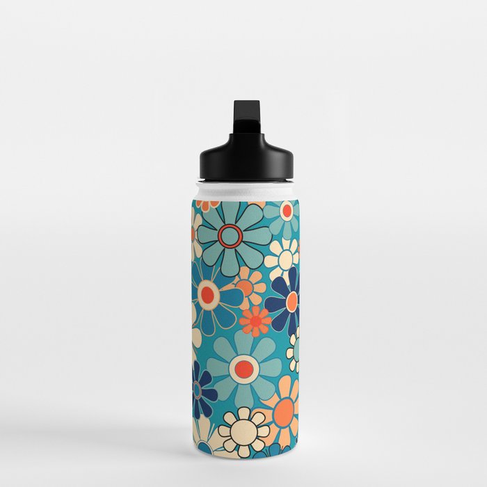 Groovy Retro Garden Flowers 60s 70s Floral Pattern in Blue and Orange Water Bottle Gallery Image 3