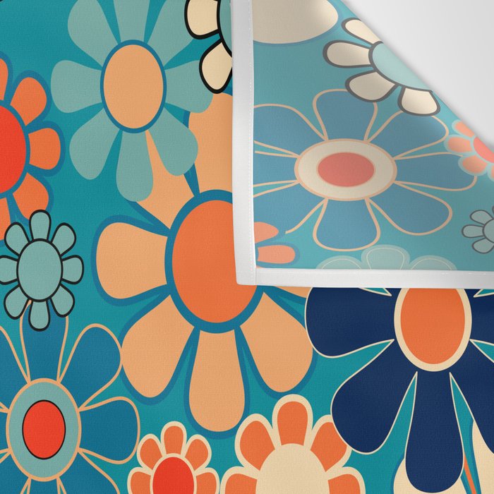 Groovy Retro Garden Flowers 60s 70s Floral Pattern in Blue and Orange Wall Tapestry Gallery Image 3