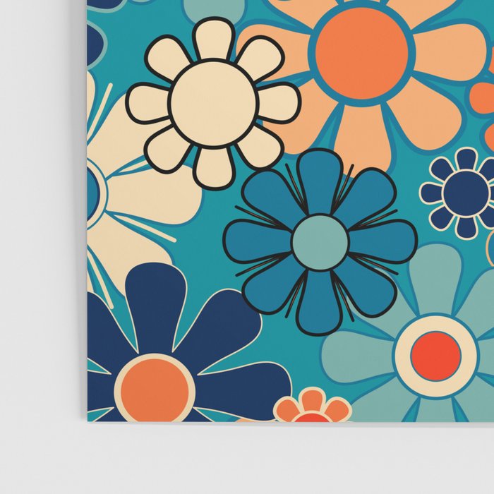 Groovy Retro Garden Flowers 60s 70s Floral Pattern in Blue and Orange Poster Gallery Image 3