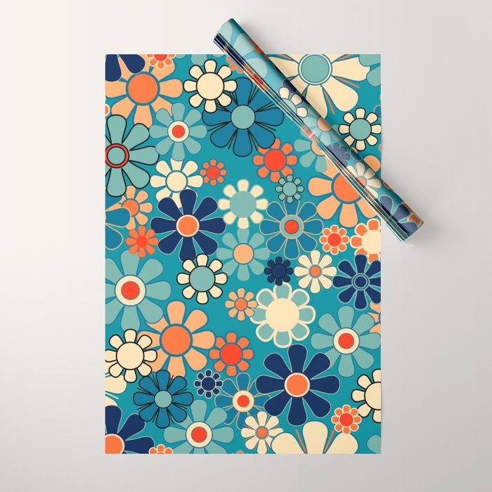 Groovy Retro Garden Flowers 60s 70s Floral Pattern in Blue and Orange Wrapping Paper Gallery Image 1