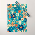 Groovy Retro Garden Flowers 60s 70s Floral Pattern in Blue and Orange Wrapping Paper Gallery Image 1