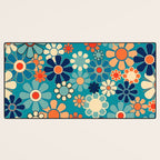 Groovy Retro Garden Flowers 60s 70s Floral Pattern in Blue and Orange Desk Mat Gallery Image 3