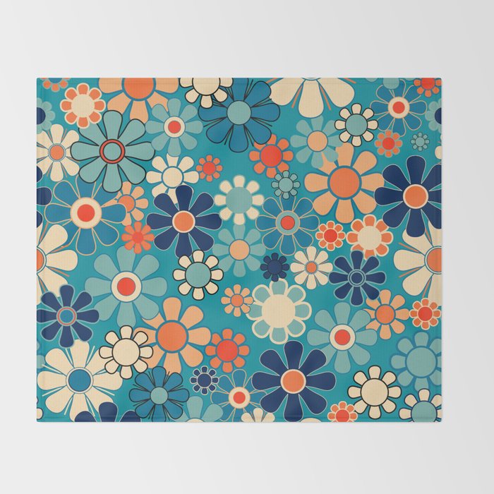 Groovy Retro Garden Flowers 60s 70s Floral Pattern in Blue and Orange Throw Blanket Gallery Image 2