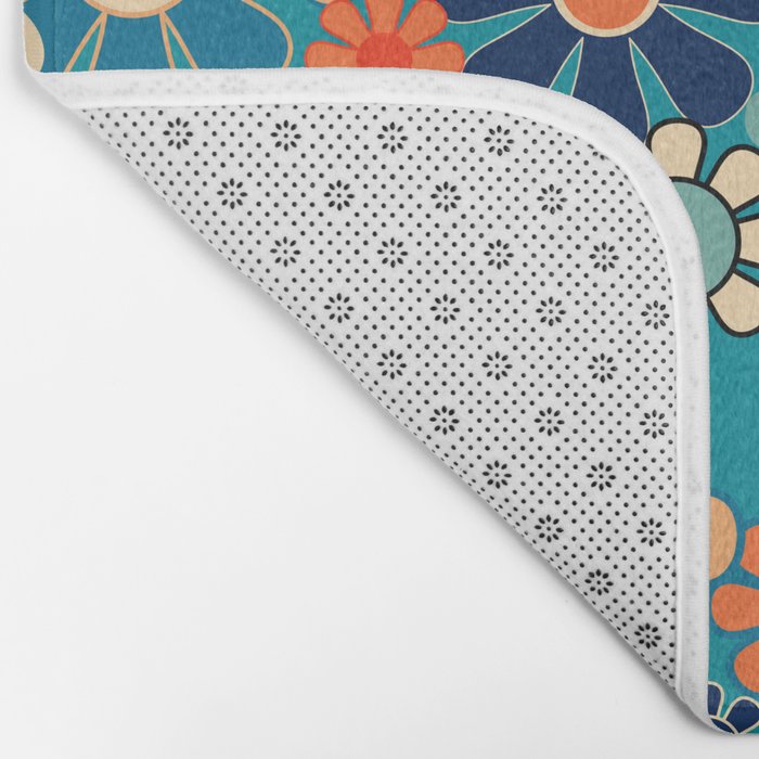Groovy Retro Garden Flowers 60s 70s Floral Pattern in Blue and Orange Bath Mat Gallery Image 2