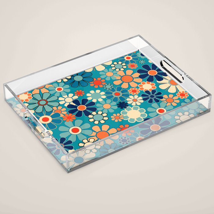 Groovy Retro Garden Flowers 60s 70s Floral Pattern in Blue and Orange Acrylic Tray Gallery Image 1