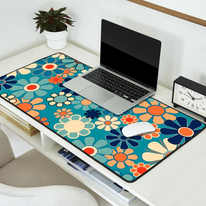 Groovy Retro Garden Flowers 60s 70s Floral Pattern in Blue and Orange Desk Mat Gallery Image 2