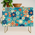Groovy Retro Garden Flowers 60s 70s Floral Pattern in Blue and Orange Credenza Gallery Image 1