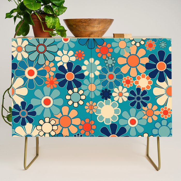 Groovy Retro Garden Flowers 60s 70s Floral Pattern in Blue and Orange Credenza Gallery Image 1