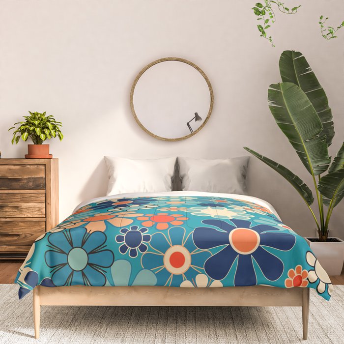 Groovy Retro Garden Flowers 60s 70s Floral Pattern in Blue and Orange Comforter Gallery Image 3