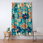 Groovy Retro Garden Flowers 60s 70s Floral Pattern in Blue and Orange Window Curtain Gallery Image 5