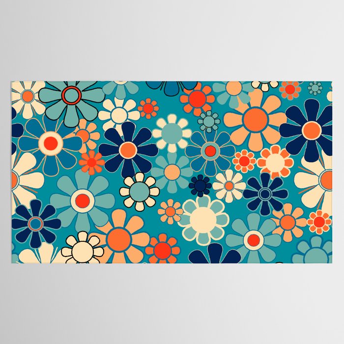 Groovy Retro Garden Flowers 60s 70s Floral Pattern in Blue and Orange Tablecloth Gallery Image 2