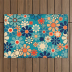 Groovy Retro Garden Flowers 60s 70s Floral Pattern in Blue and Orange Outdoor Rug Gallery Image 1