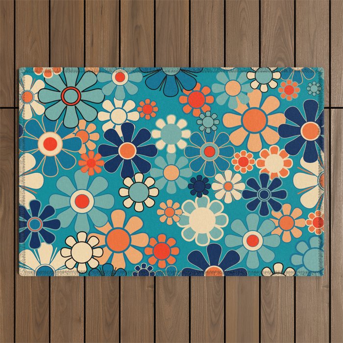 Groovy Retro Garden Flowers 60s 70s Floral Pattern in Blue and Orange Outdoor Rug Gallery Image 1