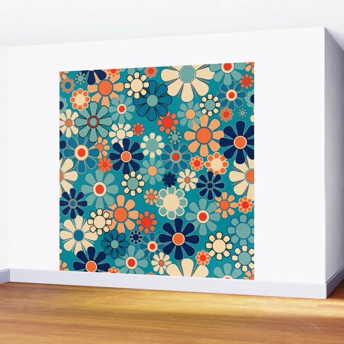 Groovy Retro Garden Flowers 60s 70s Floral Pattern in Blue and Orange Wall Mural Gallery Image 2