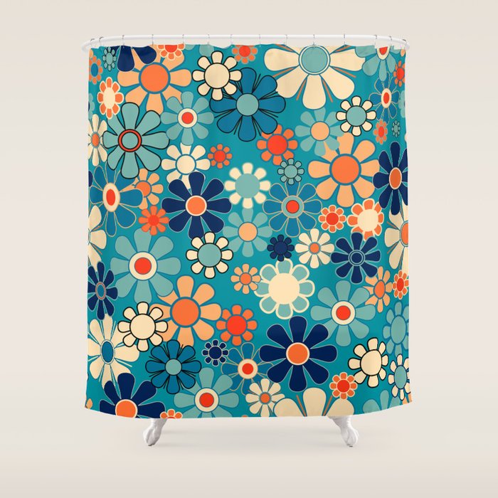 Groovy Retro Garden Flowers 60s 70s Floral Pattern in Blue and Orange Shower Curtain Gallery Image 1
