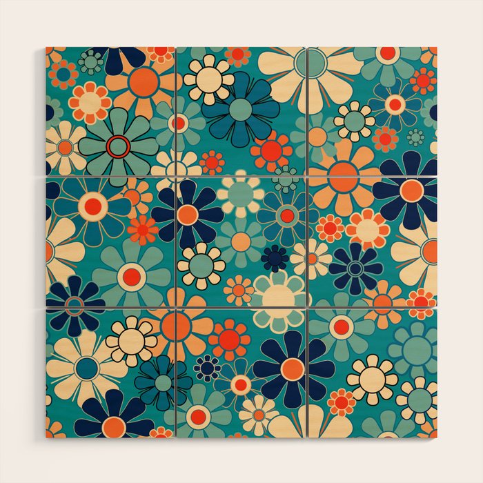 Groovy Retro Garden Flowers 60s 70s Floral Pattern in Blue and Orange Wood Wall Art Gallery Image 1