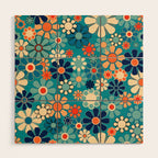 Groovy Retro Garden Flowers 60s 70s Floral Pattern in Blue and Orange Wood Wall Art Gallery Image 1