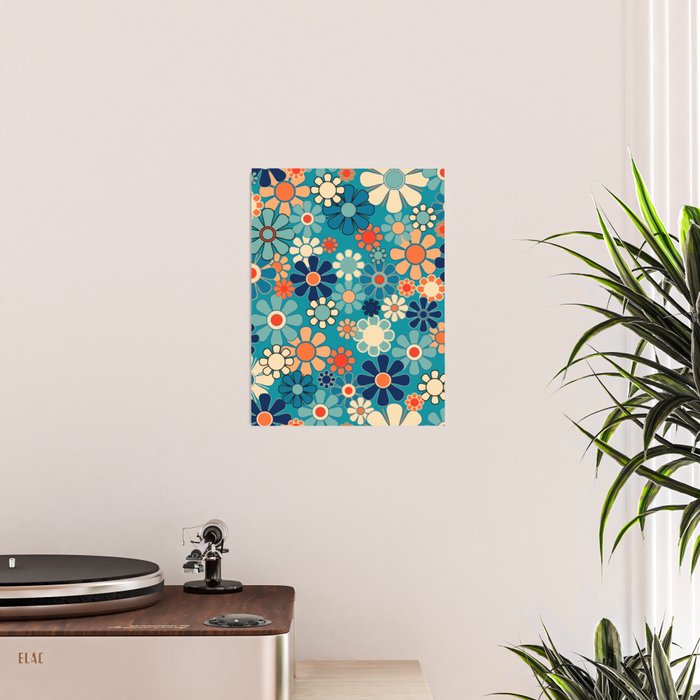 Groovy Retro Garden Flowers 60s 70s Floral Pattern in Blue and Orange Poster Gallery Image 2