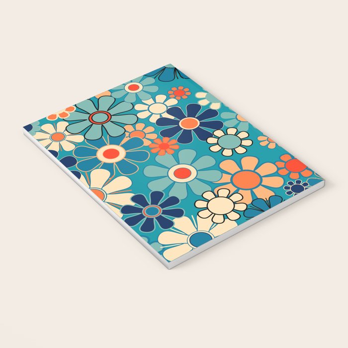 Groovy Retro Garden Flowers 60s 70s Floral Pattern in Blue and Orange Notebook Gallery Image 3