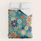 Groovy Retro Garden Flowers 60s 70s Floral Pattern in Blue and Orange Duvet Cover Gallery Image 6