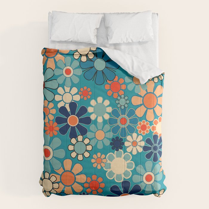 Groovy Retro Garden Flowers 60s 70s Floral Pattern in Blue and Orange Comforter Gallery Image 6