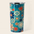 Groovy Retro Garden Flowers 60s 70s Floral Pattern in Blue and Orange Travel Mug Gallery Image 1
