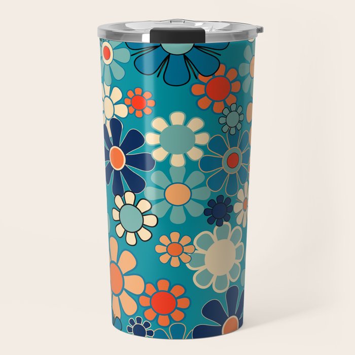 Groovy Retro Garden Flowers 60s 70s Floral Pattern in Blue and Orange Travel Mug Gallery Image 1