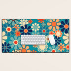 Groovy Retro Garden Flowers 60s 70s Floral Pattern in Blue and Orange Desk Mat Gallery Image 1