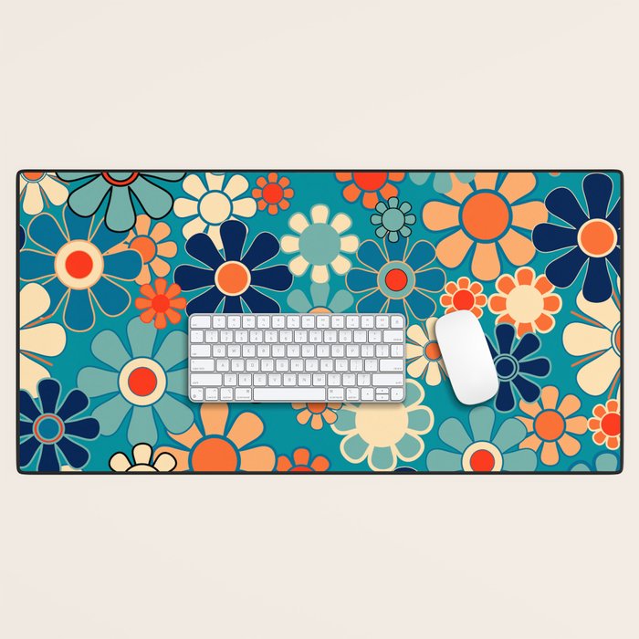 Groovy Retro Garden Flowers 60s 70s Floral Pattern in Blue and Orange Desk Mat Gallery Image 1