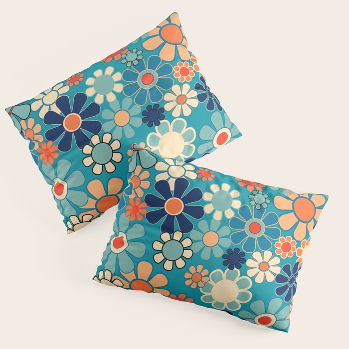 Groovy Retro Garden Flowers 60s 70s Floral Pattern in Blue and Orange Pillow Sham Gallery Image 1