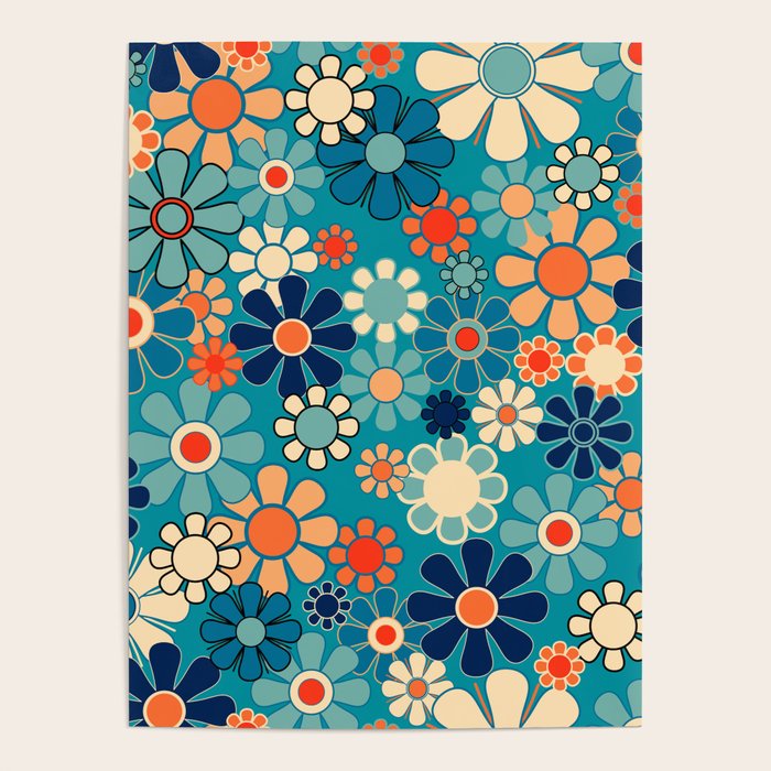 Groovy Retro Garden Flowers 60s 70s Floral Pattern in Blue and Orange Poster Gallery Image 4