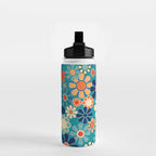 Groovy Retro Garden Flowers 60s 70s Floral Pattern in Blue and Orange Water Bottle Gallery Image 2