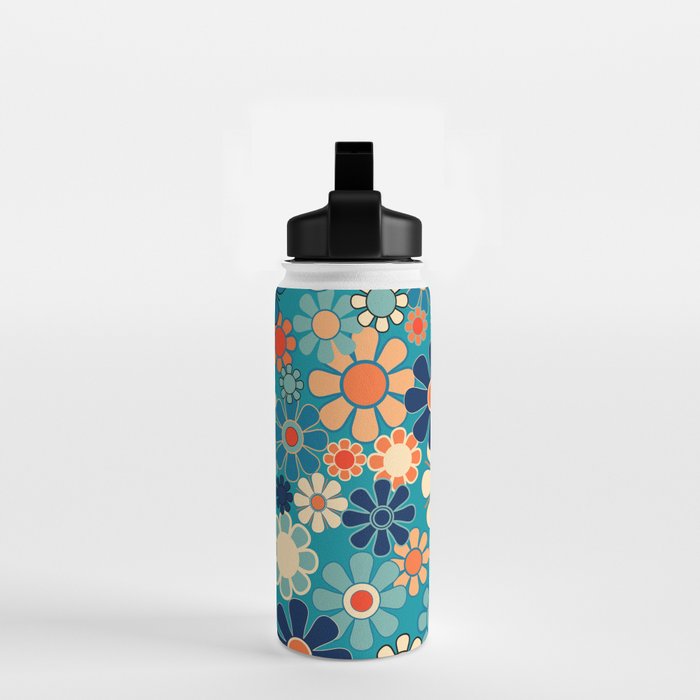Groovy Retro Garden Flowers 60s 70s Floral Pattern in Blue and Orange Water Bottle Gallery Image 2